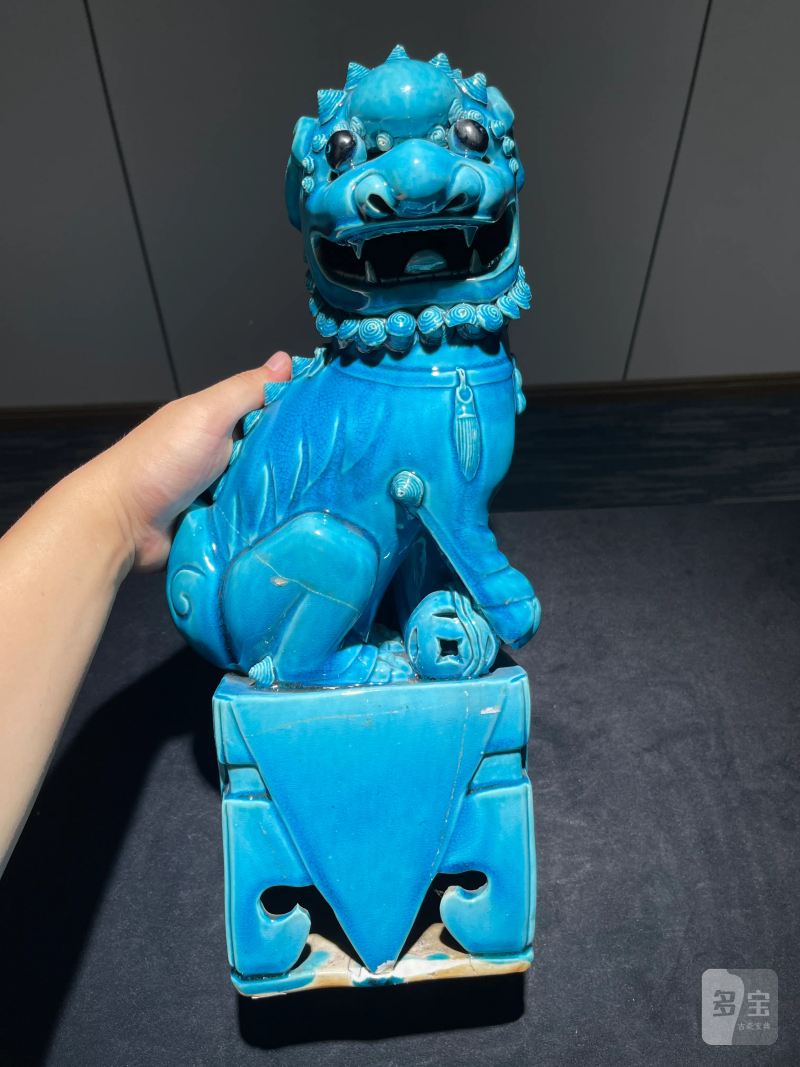 清康熙 孔雀蓝釉狮子瓷塑一对 - 图13